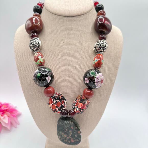 Handmade Chunky Beaded Necklace Unakite Cloisonné Ceramic Glass Eclectic Heavy - Picture 13 of 16